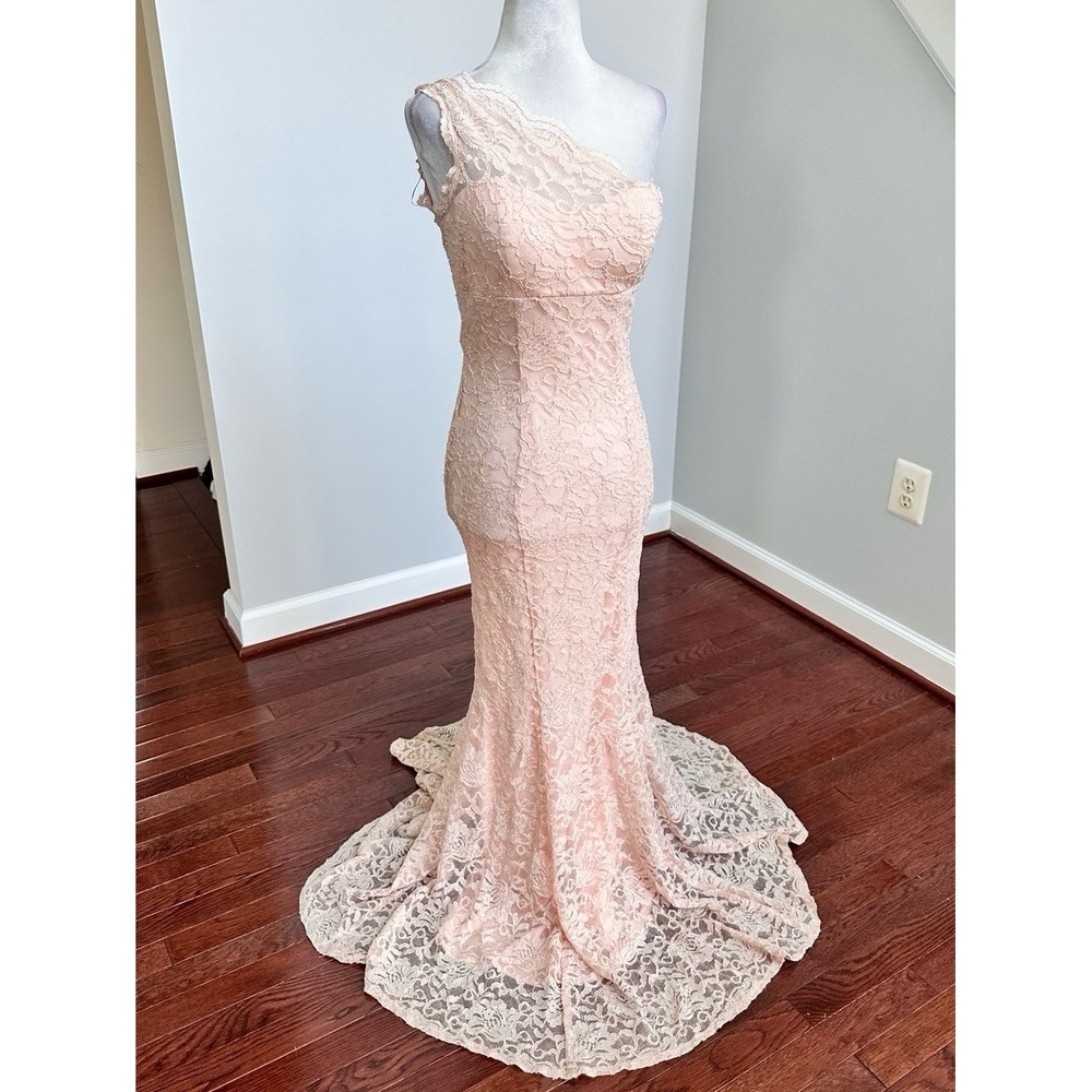 Morgan & Co Glitter Peach One Shoulder Lace Formal Sexy Gown Dress Size 3/4 - Picture 7 of 12